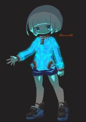 Rule 34 | 1girl, black background, black footwear, black shorts, blue eyes, blue jacket, clenched hand, collar, collarbone, glowing clothes, grey hair, hair behind ear, highres, jacket, kuruton486, looking at viewer, open hand, original, shirt, shorts, solo, standing, white shirt