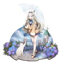 Rule 34 | 1girl, :d, animal print, bare legs, blue bow, blue eyes, blue flower, blue skirt, blue vest, blush, bow, bowtie, brown footwear, bush, cardigan, cat, cat print, cat slippers, clock, clock tower, eversoul, flower, frilled sleeves, frills, full body, game cg, gate, hair between eyes, hairband, holding, holding umbrella, long hair, long sleeves, looking at another, looking down, loose socks, mephistopheles (eversoul), official alternate costume, official alternate hairstyle, official art, open mouth, outdoors, puffy long sleeves, puffy sleeves, purple flower, school uniform, shirt, skirt, sky, sleeves past wrists, slippers, smile, socks, solo, standing, tachi-e, tower, transparent background, umbrella, vest, white bow, white cat, white hair, white shirt, wing collar, yellow cardigan