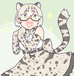 Rule 34 | 1girl, animal ears, animal print, artist name, bare shoulders, belt, blonde hair, blouse, bow, bowtie, cat ears, cat tail, fang, glasses, gloves, green eyes, hair between eyes, happy, heart, heart in mouth, kemono friends, margay (kemono friends), margay print, open mouth, own hands together, shirt, short hair, simple background, skin fang, skirt, sleeveless, solo, sparkle, sparkling eyes, tail, twitter username, vibrantrida