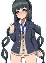 Rule 34 | 1girl, black hair, blazer, blunt bangs, blush, bottomless, cardigan, chabashira tenko, cleft of venus, danganronpa (series), danganronpa v3: killing harmony, embarrassed, female focus, green eyes, hair bobbles, hair ornament, hairband, hand up, jacket, kevin.g.tuck, long hair, long sleeves, looking at viewer, low twintails, mole, mole under mouth, necktie, open mouth, pussy, school uniform, shirt, sidelocks, simple background, solo, standing, sweat, twintails, uncensored, white background