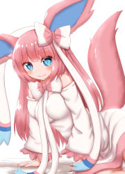 Rule 34 | 1girl, animal ears, arm support, bare shoulders, bed sheet, blue eyes, blush, bow, breasts, closed mouth, creatures (company), dress, female focus, fox ears, fox tail, frilled dress, frilled sleeves, frills, game freak, gen 6 pokemon, hair bow, hair ribbon, happy, highres, horokusa (korai), leaning to the side, long hair, long sleeves, looking at viewer, medium breasts, nintendo, off-shoulder dress, off shoulder, personification, pink hair, pokemon, ribbon, sidelocks, simple background, smile, solo, sylveon, tail, tail raised, white background, white bow, white dress, white ribbon