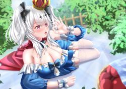 Rule 34 | 1girl, absurdres, azur lane, black bow, blush, bow, breasts, cape, cleavage, commentary request, crown, fellatio gesture, garter straps, grey hair, hair bow, highres, joffre (azur lane), joffre (ensorcelled snow white) (azur lane), kaidou nora-, large breasts, lying, mini crown, off shoulder, on side, open mouth, red cape, red eyes, thighhighs, twintails, white thighhighs