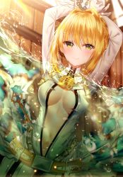 Rule 34 | 1girl, absurdres, arms up, belt, blonde hair, blurry, blurry background, bodysuit, bound, bound wrists, breasts, chain, chained, cleavage, closed mouth, commentary, cowboy shot, depth of field, fate/grand order, fate (series), gloves, highres, junpaku karen, lock, looking at viewer, md5 mismatch, medium breasts, navel, nero claudius (bride) (fate), nero claudius (fate), nero claudius (fate) (all), open clothes, padlock, partially submerged, partially underwater shot, resolution mismatch, short hair, sidelocks, smile, solo, source smaller, splashing, symbol-only commentary, underwater, water, white bodysuit, white gloves