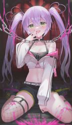Rule 34 | 1girl, absurdres, barbell piercing, blood, blood splatter, blush, breasts, chain, cleavage, colored inner hair, ear piercing, green eyes, hand on own face, highres, hololive, industrial piercing, jacket, light purple hair, long hair, medium breasts, multicolored hair, multicolored nails, nail polish, nakashima (pluscolor), navel, navel piercing, off shoulder, partially unzipped, piercing, short shorts, shorts, small breasts, smile, solo, tokoyami towa, twintails, two-tone hair, virtual youtuber
