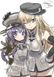 Rule 34 | 2girls, akatsuki (kancolle), bare shoulders, bismarck (kancolle) (cosplay), bismarck (kancolle), black gloves, black hair, blue eyes, cosplay, dress, gloves, grey dress, hand on another&#039;s face, hand on own hip, hat, kantai collection, krono tokage, long hair, multiple girls, one eye closed, smile, wink