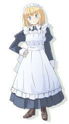 Rule 34 | 1girl, alice margatroid, alternate costume, apron, arnest, back bow, black dress, blonde hair, blue eyes, boots, bow, brown footwear, dress, drop shadow, enmaided, full body, hand on own hip, juliet sleeves, long sleeves, looking at viewer, maid, maid headdress, puffy sleeves, short hair, simple background, sleeve cuffs, smile, touhou, white background