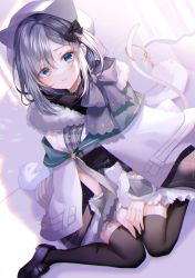 Rule 34 | 1girl, animal ears, animal hat, beret, black footwear, black skirt, black thighhighs, blush, bow, breasts, capelet, cat tail, chromatic aberration, commentary request, eyes visible through hair, fake animal ears, grey bow, grey hair, hair over one eye, hat, highres, kaga sumire, key, keyring, loafers, looking at viewer, lupinus virtual games, medium breasts, myusha, parted lips, plaid, shoes, sitting, skirt, solo, tail, tail raised, thighhighs, virtual youtuber, vspo!, wariza, white capelet, white hat, wrist cuffs