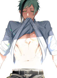 Rule 34 | 1boy, clothes in mouth, clothes lift, commentary, floyd leech, green eyes, green hair, heterochromia, highres, looking at viewer, male focus, mouth hold, sharp teeth, shinozaki kyouko, shirt, shirt in mouth, shirt lift, short hair, simple background, solo, sunlight, sweat, symbol-only commentary, teeth, twisted wonderland, upper body, white background, white shirt, yellow eyes