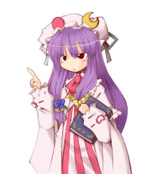 Rule 34 | 1girl, book, crescent, crescent moon, dress, female focus, hair ribbon, hat, mob cap, mogito, moon, patchouli knowledge, pink hat, pointing, purple hair, ribbon, simple background, solo, striped clothes, striped dress, touhou, vertical stripes