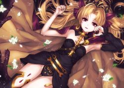 Rule 34 | 1girl, black dress, black headwear, black nails, black panties, black thighhighs, bougainvillea (flower), cape, commentary, dress, ereshkigal (fate), fate/grand order, fate (series), fingernails, from above, fur-trimmed cape, fur trim, hair ribbon, infinity symbol, leaf, light particles, long hair, looking at viewer, lying, nail polish, nonaka hako, on back, panties, parted bangs, parted lips, red cape, red eyes, red ribbon, ribbon, sharp fingernails, short dress, smile, solo, spine, strapless, strapless dress, thigh gap, thighhighs, tiara, two-sided cape, two-sided fabric, two side up, underwear, very long hair, yellow cape