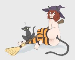 Rule 34 | animal ears, arbuz budesh, ass, ass focus, broom, brown eyes, brown hair, cat, cat ears, cat girl, cat tail, pussy, hat, nathy, short hair, tail, thighhighs, witch hat