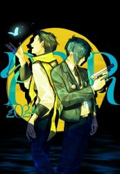 2024 2boys arm_up back-to-back belt belt_buckle black_background black_belt black_hair black_jacket black_pants black_ribbon blue_hair buckle bug butterfly collared_shirt commentary_request dark_blue_hair full_moon gun hair_over_eyes hair_slicked_back headphones headphones_around_neck highres holding holding_gun holding_weapon insect jacket layered_sleeves long_sleeves male_focus mochizuki_ryouji moon multiple_boys neck_ribbon open_mouth pants persona persona_3 persona_3_reload ribbon scarf shirt shirt_tucked_in short_hair sleeve_cuffs suit_jacket tokofu_u water weapon white_jacket white_shirt wing_collar yellow_scarf yuuki_makoto_(persona_3)