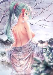 Rule 34 | 1girl, aqua eyes, aqua hair, back, bad id, bad pixiv id, blush, breasts, cloud, floral print, flower, from behind, hair flower, hair ornament, hair up, highres, japanese clothes, kantai collection, kimono, large breasts, long hair, mountain, naked kimono, nipples, no bra, onsen, open mouth, outdoors, ponytail, see-through, shirakawako, sky, snow, snowing, solo, suzuya (kancolle), tree, wading, water