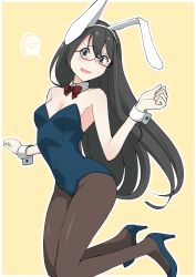 Rule 34 | 1girl, alternate costume, animal ears, black hair, blue leotard, bow, bowtie, breasts, brown bow, brown bowtie, brown pantyhose, detached collar, fake animal ears, full body, green eyes, highres, kantai collection, leotard, long hair, looking at viewer, masukuza j, ooyodo (kancolle), pantyhose, playboy bunny, rabbit ears, rabbit tail, simple background, small breasts, solo, squiggle, strapless, strapless leotard, tail, wrist cuffs, yellow background
