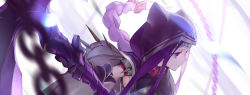 Rule 34 | 1girl, blurry, blurry background, blurry foreground, bow, braid, cape, chain, closed mouth, commentary request, depth of field, fate/grand order, fate (series), floating hair, gauntlets, grey cape, hair bow, holding, holding weapon, hood, hood up, hooded cape, long hair, looking away, medusa (fate), medusa (lancer) (fate), medusa (rider) (fate), multicolored cape, multicolored clothes, nuda, purple cape, purple eyes, purple hair, red bow, rider, simple background, solo, upper body, very long hair, weapon, white background