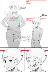 Rule 34 | 1boy, 1girl, absurdres, age difference, artist name, breasts, clothes writing, collarbone, height difference, highres, large breasts, looking at viewer, monochrome, original, short shorts, short sleeves, shorts, smile, smug, suraya (z666ful), thigh gap, thighs, white background, z666ful