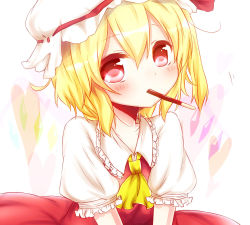 Rule 34 | 1girl, ascot, blonde hair, blush, female focus, flandre scarlet, food, hat, hat ribbon, looking at viewer, misa (kaeruhitode), mouth hold, pocky, red eyes, ribbon, side ponytail, solo, touhou, wings
