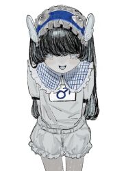 Rule 34 | 1boy, :d, arms behind back, black hair, bloodshot eyes, bloomers, blue hairband, blush, collared shirt, cowboy shot, eyeball, frilled hairband, frilled shirt collar, frills, grey eyes, gym shirt, hairband, highres, hougetsu (moon neetcat), long hair, looking at viewer, male focus, mars symbol, open mouth, original, shirt, short sleeves, simple background, smile, standing, trap, underwear, white background, white bloomers, white shirt