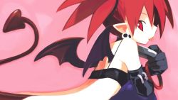 Rule 34 | 1girl, ass, bat wings, bottomless, bracelet, choker, demon tail, disgaea, earrings, etna (disgaea), gloves, harada takehito, jewelry, phantom kingdom, prinny, red eyes, red hair, sexually suggestive, tail, third-party edit, tongue, twintails, wallpaper, wings