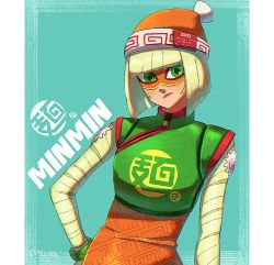 Rule 34 | 1girl, arms (game), beanie, blonde hair, chinese clothes, domino mask, facepaint, green eyes, hat, kuruto., looking at viewer, mask, min min (arms), short hair, solo