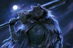 Rule 34 | 1boy, absurdres, animal head, armor, blaidd the half-wolf, breastplate, cape, dated, elden ring, full moon, furry, furry male, gauntlets, greatsword, highres, holding, holding sword, holding weapon, huge weapon, looking at viewer, moon, night, night sky, outdoors, over shoulder, purple eyes, rashuu, signature, sky, solo, standing, sword, tusks, weapon, weapon over shoulder