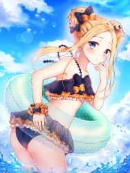 Rule 34 | 1girl, abigail williams (emerald float) (fate), abigail williams (fate), bad id, bad pixiv id, bare arms, bare shoulders, bikini, black bikini, black bow, blonde hair, blue eyes, blue sky, blush, bow, closed mouth, cloud, commentary request, day, double bun, emerald float, fate/grand order, fate (series), fingernails, foreign blue, green innertube, hair bun, highres, innertube, long hair, looking at viewer, looking to the side, official alternate costume, orange bow, outdoors, polka dot, polka dot bow, side bun, sidelocks, sky, solo, standing, swim ring, swimsuit, transparent, wading, water