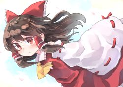 Rule 34 | 1girl, ascot, blush, brown hair, closed mouth, collared shirt, colored eyelashes, commentary request, detached sleeves, flying, frilled shirt collar, frills, hair between eyes, hair tubes, hakurei reimu, highres, kibisake, long hair, long sleeves, looking at viewer, petals, red eyes, red shirt, red skirt, ribbon-trimmed sleeves, ribbon trim, shirt, sidelocks, skirt, sleeveless, sleeveless shirt, solo, touhou, white sleeves, wide sleeves, yellow ascot