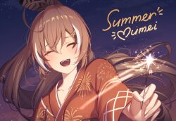 Rule 34 | 1girl, ahoge, blush, brown hair, english text, erezu, feather hair ornament, feathers, fireworks, hair ornament, hairclip, highres, holding fireworks, holocouncil, hololive, hololive english, japanese clothes, kimono, long hair, multicolored hair, nanashi mumei, night, night sky, open mouth, orange kimono, ponytail, sky, smile, solo, sparkler, star (sky), streaked hair, very long hair, virtual youtuber