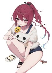 Rule 34 | 1girl, blush, breasts, candy, cellphone, food, hair ribbon, halloween, i-168 (kancolle), kantai collection, lollipop, long hair, phone, ponytail, red eyes, red hair, ribbon, school swimsuit, school uniform, shirt, sitting, small breasts, smartphone, smile, solo, swimsuit, swimsuit under clothes, yamashichi (mtseven)