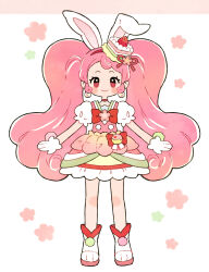 Rule 34 | 1girl, animal ears, cake hair ornament, choker, commentary request, cure whip, earrings, food-themed hair ornament, gloves, hair ornament, highres, jewelry, kirakira precure a la mode, long hair, magical girl, nene (oneoneo13), pink choker, pink eyes, pink hair, pom pom (clothes), pom pom earrings, pouch, precure, rabbit ears, smile, solo, standing, twintails, usami ichika, white gloves