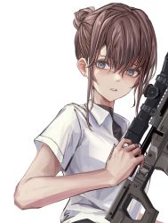 Rule 34 | 1girl, ar-57, ar-57 (girls&#039; frontline), assault rifle, black bodysuit, blue eyes, bodysuit, bolt action, breasts, brown hair, carbine, eye piercing, girls&#039; frontline, gun, highres, holding, holding gun, holding weapon, lithographica, long hair, looking at viewer, open mouth, personal defense weapon, pistol-caliber carbine, remington model 700, rifle, scope, shirt, short sleeves, sniper rifle, solo, submachine gun, upper body, weapon, white background, white shirt