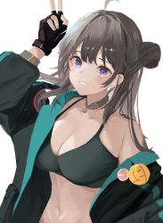 Rule 34 | 1girl, aac honey badger, absurdres, breasts, brown hair, choker, cleavage, collarbone, commission, fingerless gloves, girls&#039; frontline, gloves, highres, honey badger, honey badger (girls&#039; frontline), jacket, midriff, navel, pixiv commission, purple eyes, smile, smiley face, solo, sports bra, v, xiaobei
