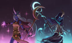 Rule 34 | 2girls, absurdres, alternate costume, alternate hair color, armlet, blue eyes, cape, colored skin, fingerless gloves, gloves, glowing, glowing eyes, glowing weapon, highres, hood, horns, league of legends, long hair, multiple girls, outstretched hand, ponytail, pouch, purple skin, reaper soraka, sakimeikun-daze, single horn, soraka (league of legends), sparkle, staff, tattoo, weapon, white hair, yellow eyes