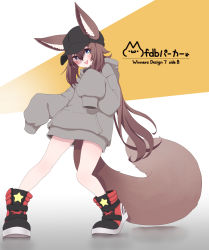 Rule 34 | 1girl, animal ears, blue eyes, blush, brown hair, eyes visible through hair, fang, fox ears, fox girl, fox tail, hat, highres, hood, hoodie, krmtdng (pendago), long hair, open mouth, oversized clothes, oversized shirt, phantasy star, phantasy star online 2, shirt, shoes, sidelocks, sleeves past wrists, smile, sneakers, solo, tail, very long hair
