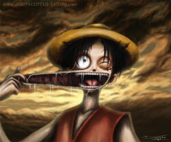 Rule 34 | 1boy, artist name, atomiccircus, black hair, elasticity, facial scar, hair over eyes, hat, horror (theme), male focus, monkey d. luffy, one eye closed, one piece, open mouth, saliva, scar, scar on cheek, scar on face, short hair, signature, solo, straw hat, teeth, tongue, watermark, web address