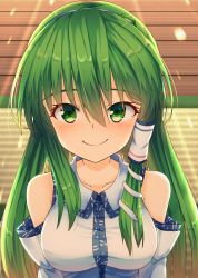 Rule 34 | 1girl, bare shoulders, breasts, closed mouth, collarbone, collared shirt, detached sleeves, frog hair ornament, green eyes, green hair, hair between eyes, hair ornament, hair tubes, highres, indoors, kochiya sanae, large breasts, light rays, long hair, looking at viewer, nontraditional miko, shirt, smile, snake hair ornament, solo, tatami, touhou, upper body, white shirt, wide sleeves, yosshy
