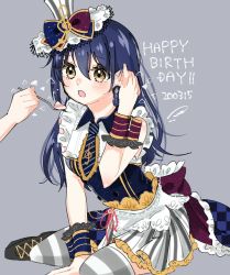 Rule 34 | 1girl, :o, artist name, artist request, blue hair, boots, buttons, cafe maid (love live!), collared dress, double-breasted, dress, earrings, female focus, garter straps, gloves, hair between eyes, hat, high heel boots, high heels, highres, jewelry, k0hane 0903, long hair, looking at viewer, love live!, love live! school idol festival, love live! school idol project, mini hat, mini top hat, musical note, necktie, sleeveless, solo, sonoda umi, striped clothes, striped thighhighs, thighhighs, tie clip, top hat, treble clef, waist cape, wrist cuffs, yellow eyes