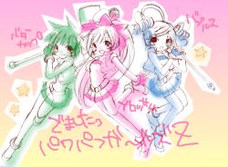 Rule 34 | 00s, 3girls, akazutsumi momoko, bare legs, blonde hair, blue dress, dress, drill hair, full body, goutokuji miyako, gradient background, green dress, green hair, hair ornament, hairclip, hyper blossom, looking at viewer, matsubara kaoru, multiple girls, powered buttercup, powerpuff girls, powerpuff girls z, red dress, red hair, rolling bubbles, short hair, short twintails, swept bangs, translation request, twintails, two-tone background