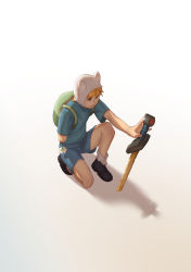 Rule 34 | 1boy, adventure time, amputee, backpack, bag, blonde hair, blue eyes, commentary, finn the human, flower, full body, highres, hood, john doe (jdart), male focus, on one knee, planted, planted sword, planted weapon, sad, shirt, shorts, solo, spoilers, sword, t-shirt, weapon