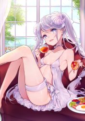 Rule 34 | 1girl, babydoll, bacon, bow, breasts, collarbone, cup, egg (food), fang, food, fried egg, fruit, hair bow, hair ribbon, highres, holding, holding cup, holding food, horns, indoors, lake, long hair, open mouth, orange (fruit), orange slice, original, plate, pointy ears, purple eyes, purple hair, ribbon, sitting, small breasts, smile, solo, strawberry, thigh strap, tree, twintails, very long hair, window, yukimiya yuge