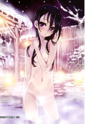 Rule 34 | 1girl, bare tree, black hair, censored, convenient censoring, flat chest, hair over breasts, hand on own neck, highres, long hair, matsuryuu, navel, nipples, nude, onsen, original, outdoors, parted lips, purple eyes, scan, snow, snowing, solo, steam, steam censor, tree, wading, water, wet