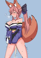 Rule 34 | 1girl, animal ears, bottomless, closed eyes, clothes lift, fate (series), fox ears, fox girl, fox tail, highres, japanese clothes, legs apart, lifting own clothes, no panties, peeing, pink hair, rune (dualhart), saliva, solo, standing, tail, tamamo (fate), tamamo no mae (fate/extra)