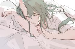 Rule 34 | 1girl, arknights, bite mark, closed mouth, clouble, commentary request, green eyes, green hair, horns, hoshiguma (arknights), long hair, messy hair, single horn, skin-covered horns
