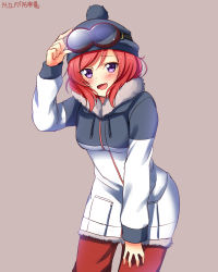 Rule 34 | 10s, 1girl, beanie, blush, coat, cowboy shot, dated, goggles, goggles on head, hat, highres, leaning forward, love live!, love live! school idol festival, love live! school idol project, nishikino maki, open mouth, pants, purple eyes, red hair, short hair, simple background, solo, winter clothes, winter coat, yu-ta