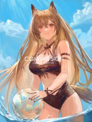 Rule 34 | 1girl, absurdres, alternate costume, animal ears, arknights, ball, beachball, bikini, bingansuan jiamouren, black bikini, black nails, blue sky, breasts, brown hair, ceobe (arknights), character name, cleavage, commission, cowboy shot, dog ears, dog girl, dog tail, fang, fang out, hair between eyes, highres, large breasts, long hair, looking at viewer, nail polish, orange eyes, outdoors, sky, smile, solo, sunlight, swimsuit, tail, very long hair, wading, water, wet
