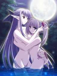 Rule 34 | 00s, 2girls, completely nude, couple, full moon, game cg, half updo, long hair, moon, multiple girls, nerine, nishimata aoi, nude, official art, onsen, pointy ears, primula, purple eyes, purple hair, red eyes, shuffle!, suzuhira hiro, twintails, water, yuri