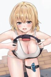 Rule 34 | 1girl, ahshi (yingchuan songshu), blonde hair, blue eyes, blush, breasts, cleavage, highres, hololive, hololive english, joy-con, large breasts, looking at viewer, medium hair, mole, mole on breast, open mouth, ring fit adventure, shirt, thigh strap, virtual youtuber, watson amelia, white shirt