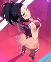 Rule 34 | 1girl, abstract background, absurdres, artist name, ass, bare shoulders, black eyes, black hair, boku no hero academia, boots, breasts, cleavage, d-art, freckles, freckles on ass, from above, grabbing own breast, highres, huge ass, large breasts, leotard, long hair, looking at viewer, looking back, looking up, ponytail, red leotard, sleeveless, solo, sweat, thick thighs, thighs, wide hips, yaoyorozu momo