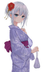 Rule 34 | 1girl, akipeko, aqua eyes, bag, blue kimono, blush, commentary request, cowboy shot, earrings, flower, from side, hair flower, hair ornament, hand on own chest, highres, holding, holding bag, japanese clothes, jewelry, kimono, leaf print, long sleeves, looking at viewer, looking to the side, obi, original, print kimono, red flower, sash, short hair, sidelocks, silver hair, solo, wide sleeves, yukata