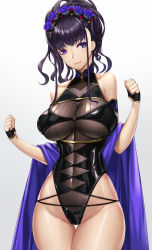 Rule 34 | 1girl, armlet, bare shoulders, black gloves, black one-piece swimsuit, breasts, covered navel, fate/grand order, fate (series), fingerless gloves, flower, gloves, gold trim, hair flower, hair ornament, hair up, half gloves, highleg, highleg swimsuit, highres, large breasts, long hair, looking at viewer, murasaki shikibu (fate), murasaki shikibu (swimsuit rider) (fate), murasaki shikibu (swimsuit rider) (first ascension) (fate), one-piece swimsuit, purple eyes, purple hair, shawl, smile, swimsuit, takanashi-a, thighs